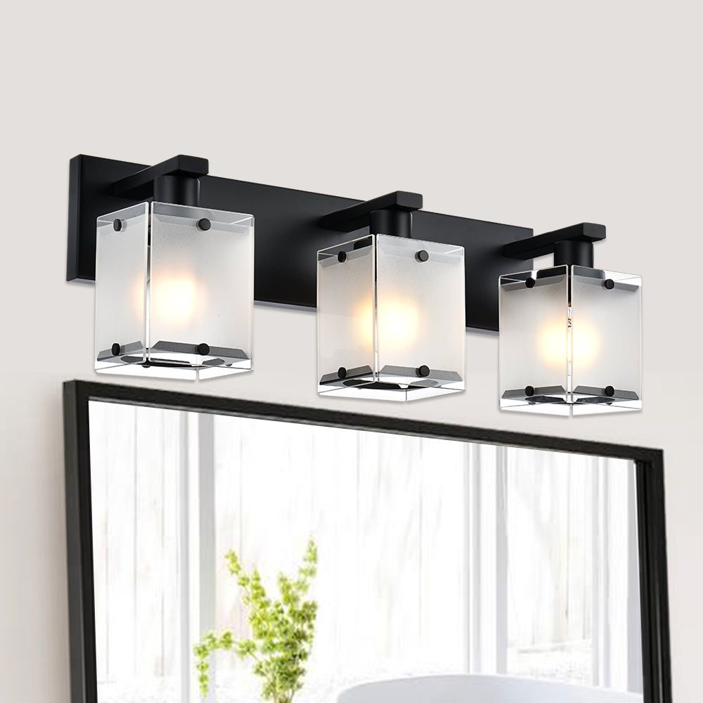 3-Lights Wall Sconce Lighting, Black Bathroom Vanity Light Fixture with Rectangular Frosted Glass for Over Mirror, E26 Bulb Base