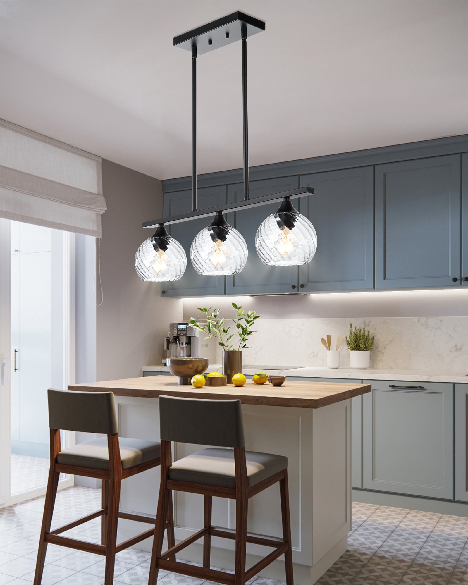 Kitchen Island Light Fixtures, Matte Black Pendant Hanging Lighting with Clear Globe Glass Shades E26 Socket, Modern Ceiling Chandelier for Pool Table Dining Room
