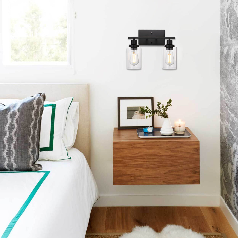 2-Light Black Wall Sconce Industrial Vintage with Clear Glass Shade and Metal Base, Bathroom Vanity Lights Hallway Light Fixture Sconces Wall Lighting