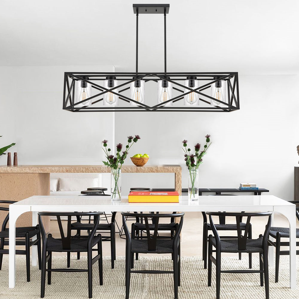 Black 6-Lights Dining Room Lighting Fixtures Hanging with Seeded Glass Lampshades, 45.3-Inches Length Industrial Kitchen Island Pendant Light Chandelier for Pool Table Living Room