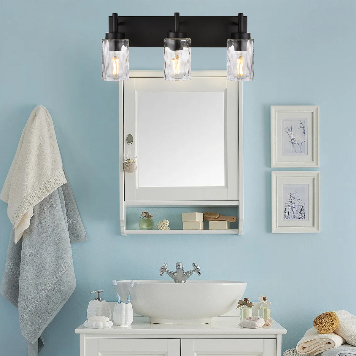 Vanity Light Fixtures 3 Light Modern Wall Sconces Lighting Black Bathroom Lights Wall Mounted with Hammered Glass Shade,Farmhouse Wall Light for Mirror Cabinets, Powder Room, Dressing Table