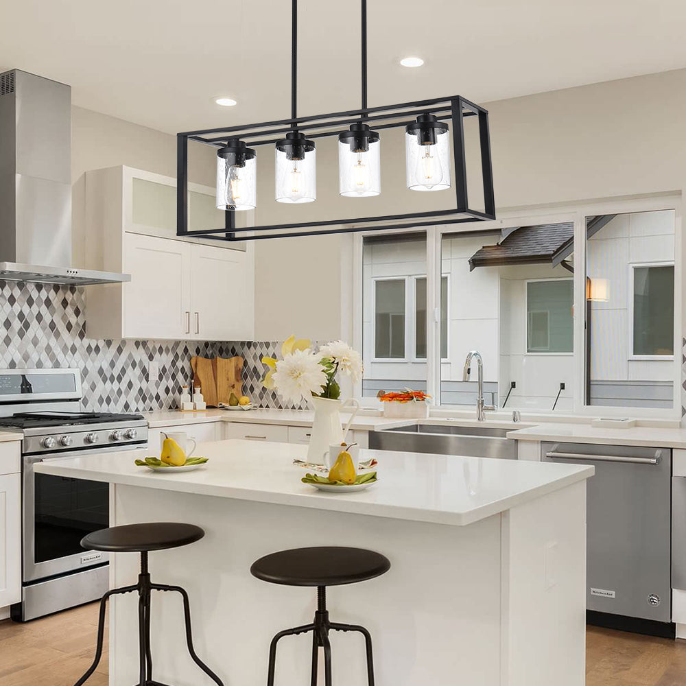 Dining Room Chandelier Lighting Fixtures with Seeded Glass, Linear Pendant Light in Matte Black Finish for Kitchen Island