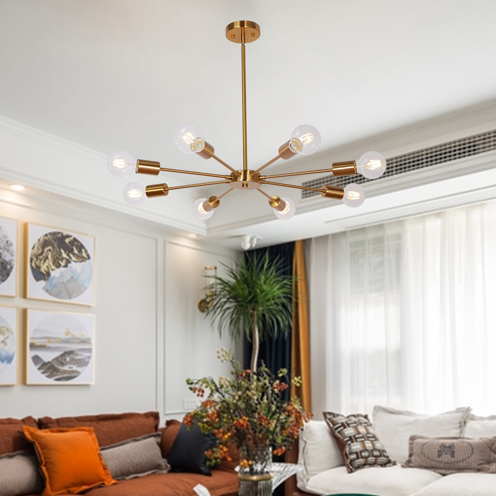 Mid-Century Sputnik Chandelier – Brass Durable Metal Finish for Sloped Ceilings 8 Adjustable Lights