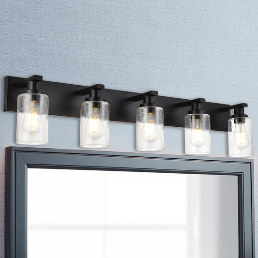 Bathroom Vanity Light Fixtures 5-Lights Seeded Glass Cylinder Shade Modern Farmhouse Wall Sconce Lighting Bath Vanity Lights Over Mirror