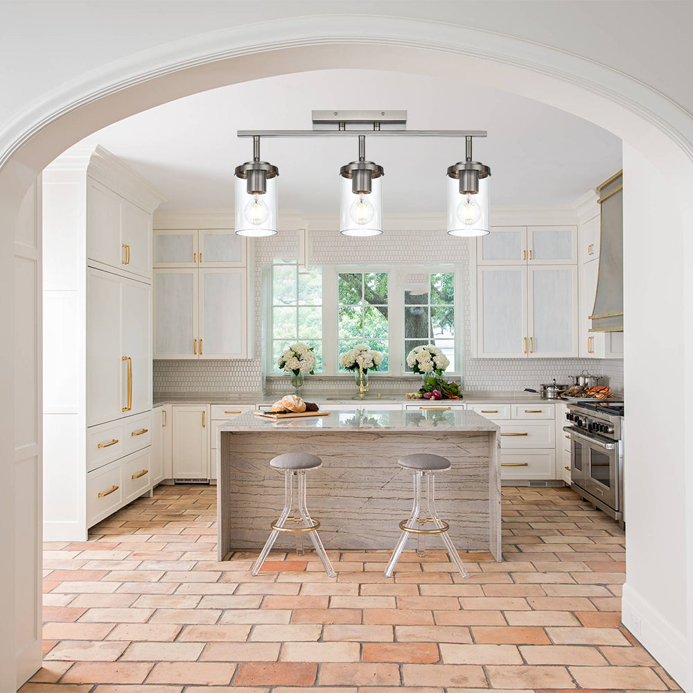 Brushed Nickel Adjustable Track Light Fixture – Modern 3-light Clear Glass Shade Vanity Track Lights with Flexible Heads Wall Mounted