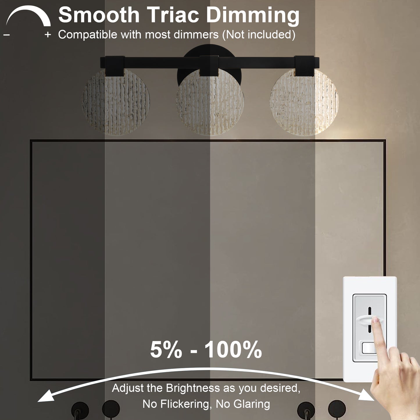 Integrated LED 3-lights Vanity Lights – Rustproof Stainless Steel & Shatterproof Acrylic Lampshade – Bathroom Mirror Lighting