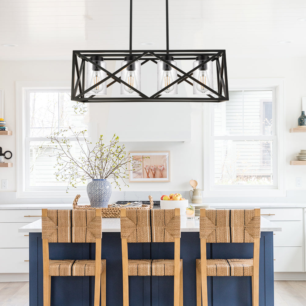 4-Lights Black Farmhouse Rectangle Chandelier Dining Room Light Fixtures, 30.4-Inches Length Contemporary Kitchen Island Pendant Lighting with Seeded Glass Lampshades