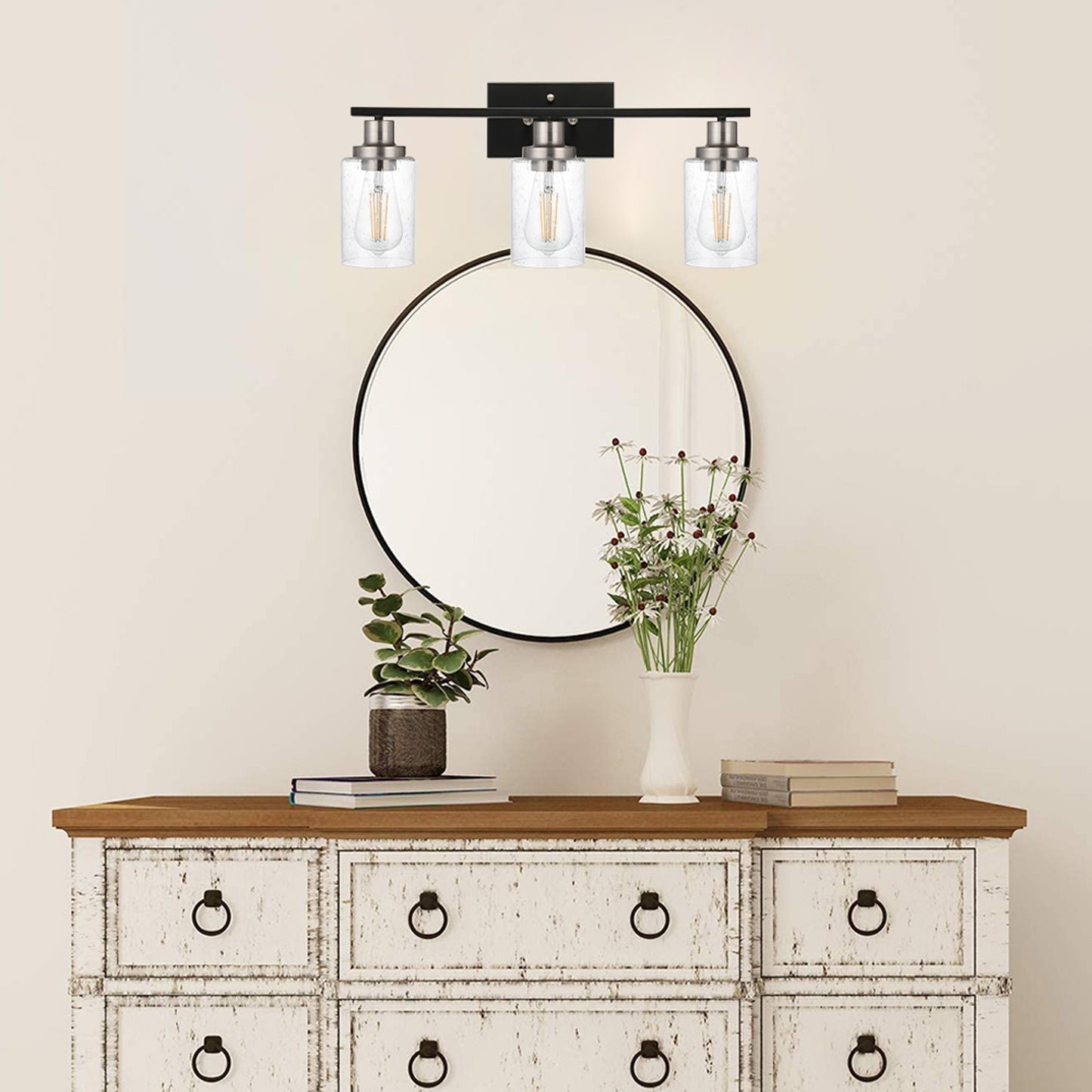 3 Lights Vanity Lights for Bathroom 23.6 Inches, Wall Mounted Light Fixture Farmhouse Bathroom Light Fixtures with Seeded Glass Shade, Black and Brushed Nickel Finish