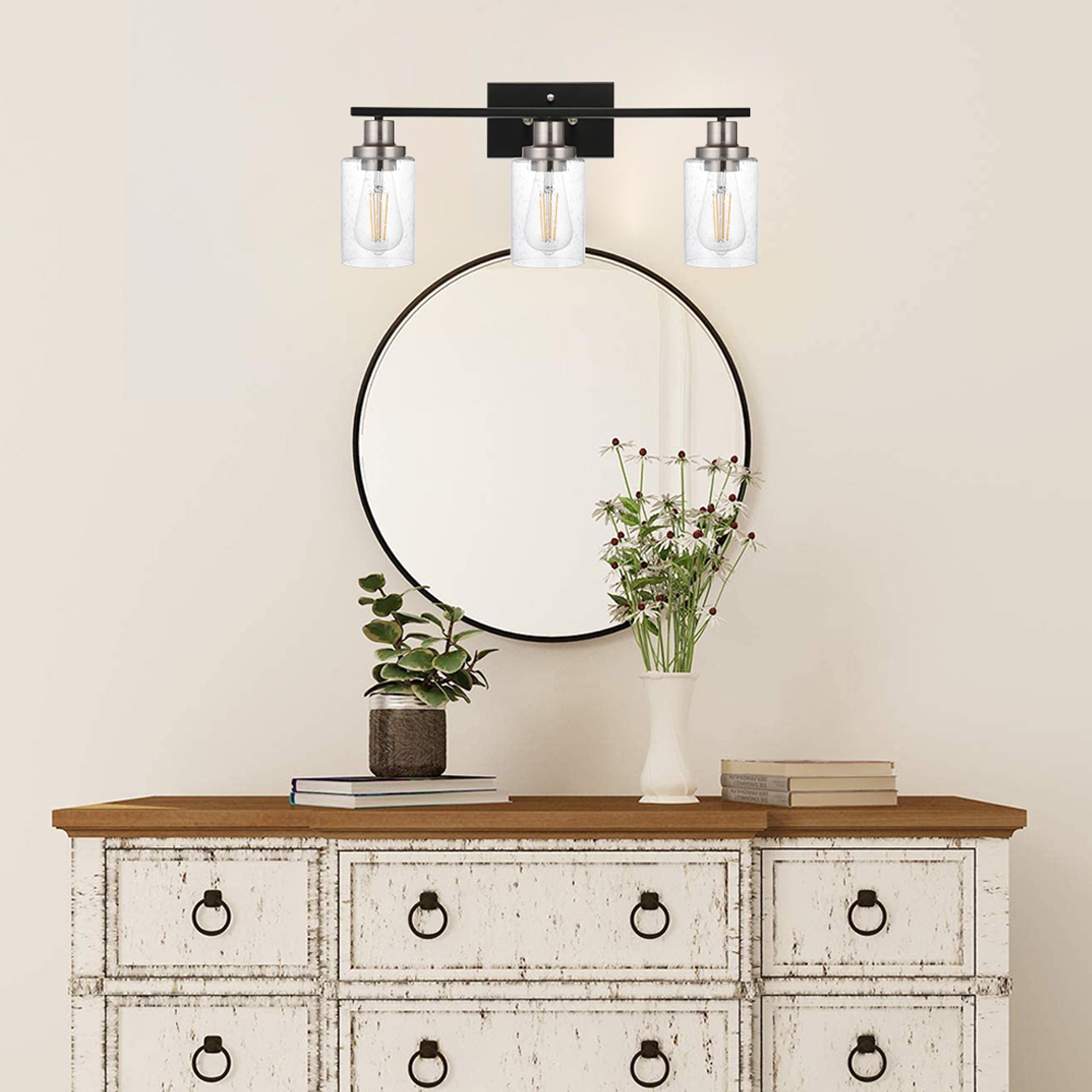 3 Lights Vanity Lights for Bathroom 23.6 Inches, Wall Mounted Light Fixture Farmhouse Bathroom Light Fixtures with Seeded Glass Shade, Black and Brushed Nickel Finish
