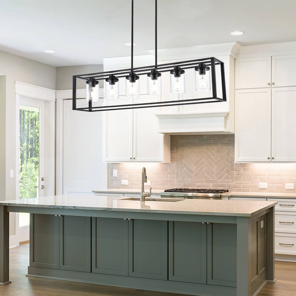 Dining Room Chandelier Lighting Fixtures with Seeded Glass, Linear Pendant Light in Matte Black Finish for Kitchen Island