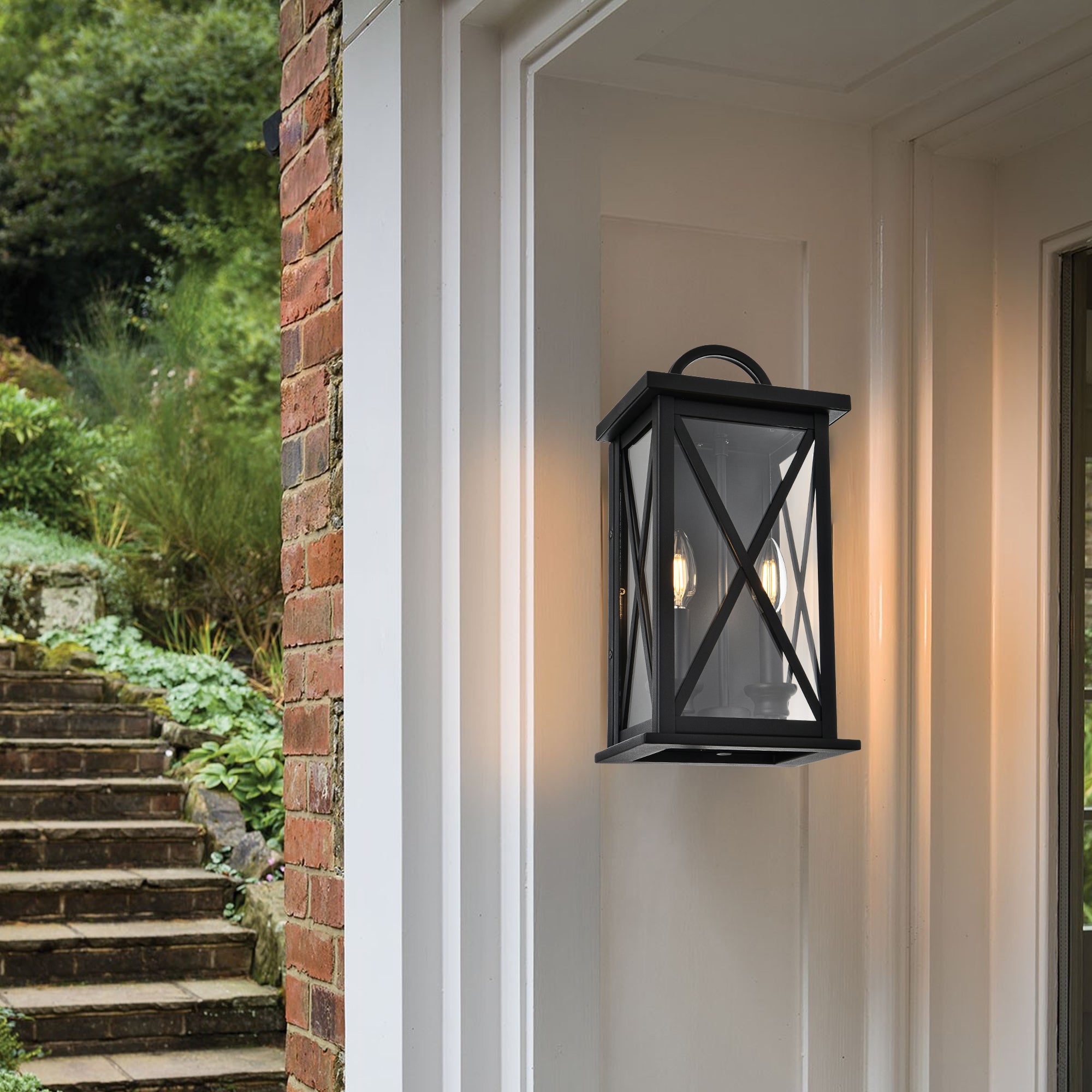2-Light Exterior Light Fixtures Outdoor Wall Lantern Wall Mount in Black Finish Waterproof Wall Sconce with Clear Glass for Porch Front Door Patio Yard Garage