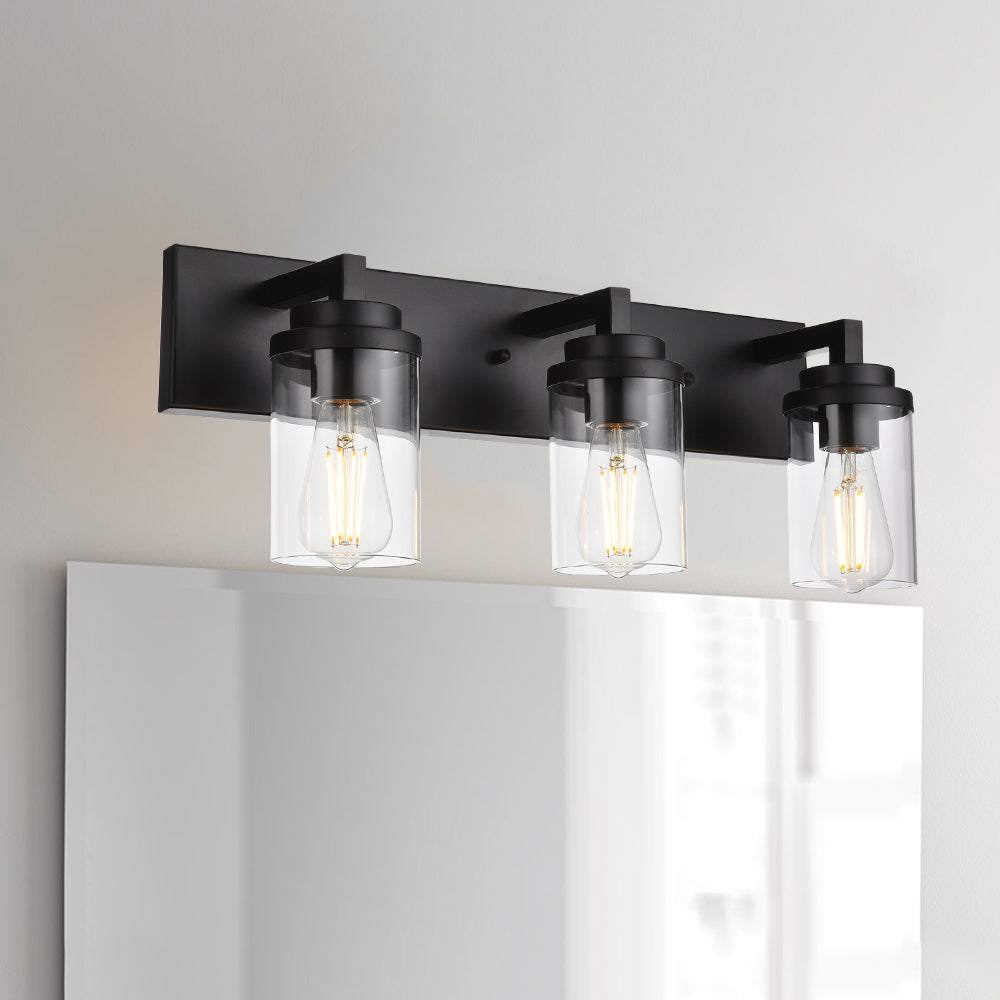 Vintage Bathroom Lighting Fixtures Over Mirror, 3-Light Modern Vanity Lights Black Finish Industrial Wall Sconce with Clear Glass Shade