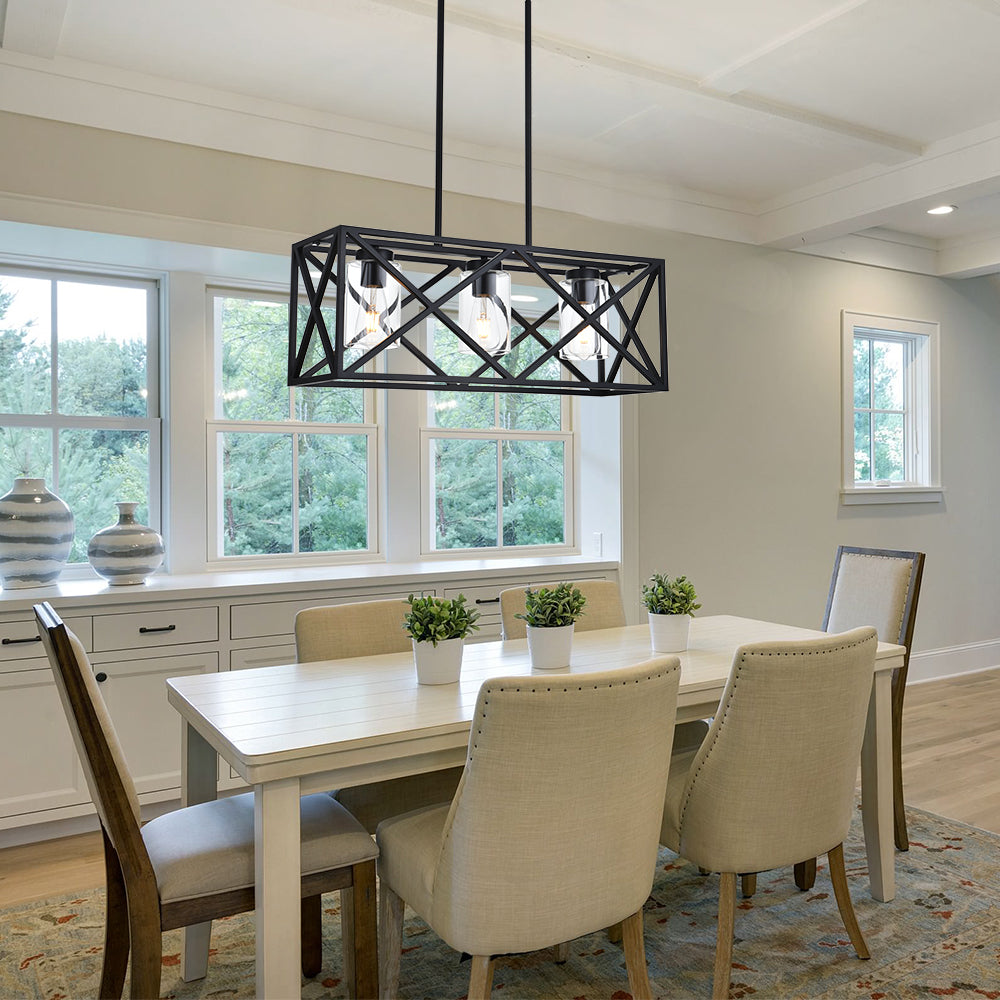 3-Lights Black Kitchen Island Pendant Lighting, Contemporary Dining Room Chandelier with Clear Glass Shades for Overtable Living Room