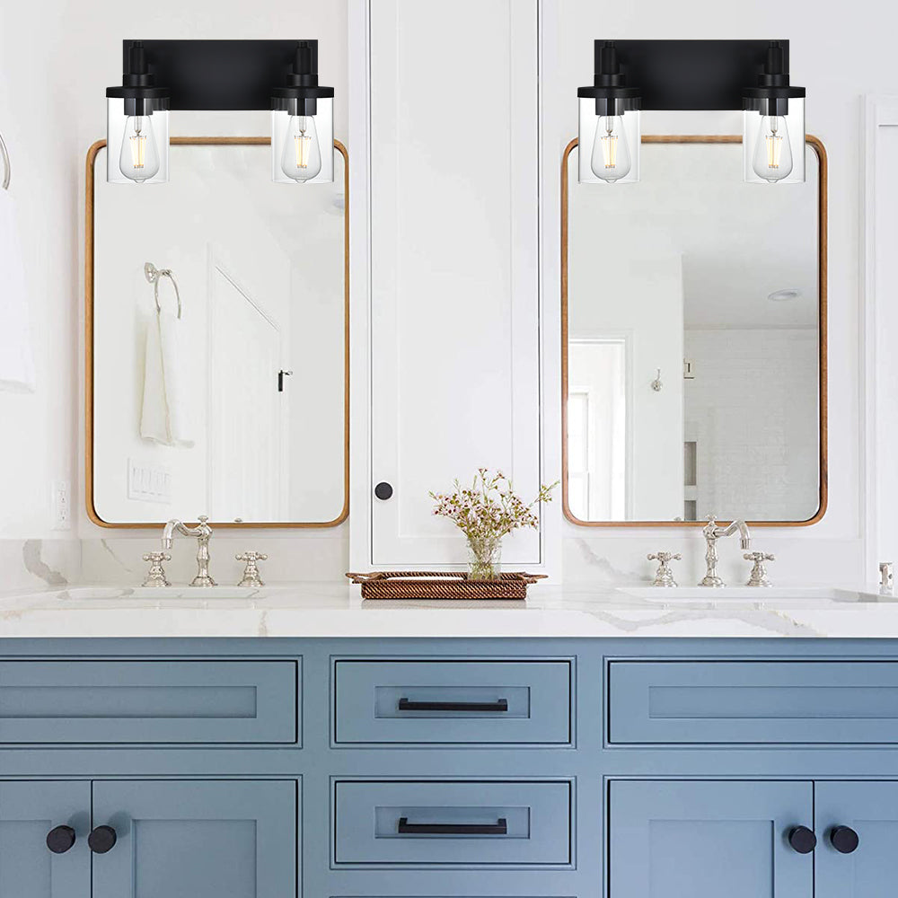 2 Light Bathroom Light Fixtures,Vintage Wall Vanity Light Metal Wall Mount Lamp with Clear Glass in Black Finish Wall Sconces Lighting for Powder Room, Hallway, Kitchen, Mirror, Laundry Room
