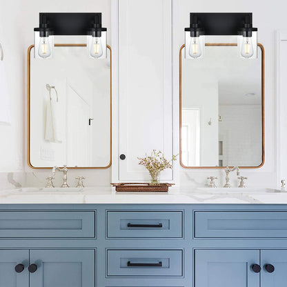 2 Light Bathroom Light Fixtures,Vintage Wall Vanity Light Metal Wall Mount Lamp with Clear Glass in Black Finish Wall Sconces Lighting for Powder Room, Hallway, Kitchen, Mirror, Laundry Room