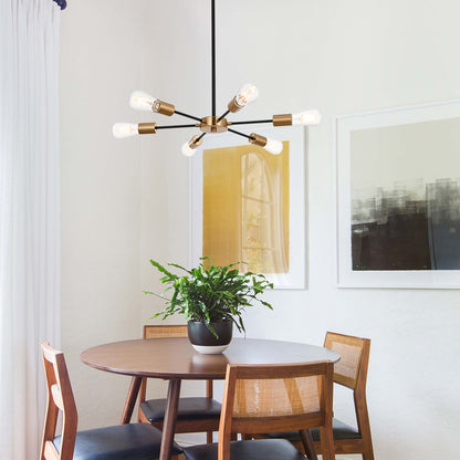 Modern Black Brass Sputnik Chandelier – 6-Light Adjustable Ceiling Fixture for Vaulted Ceilings E26 Bulb Base
