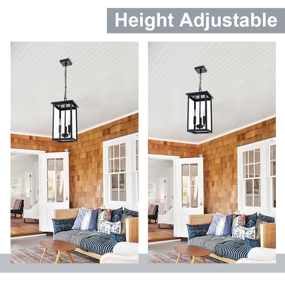 Black Outdoor Pendant Lanern, E12 Candle Chandelier 3-Lights Large Exterior Hanging Light Fixture with Clear Glass Height Adjustable for Indoor Entryway Porch