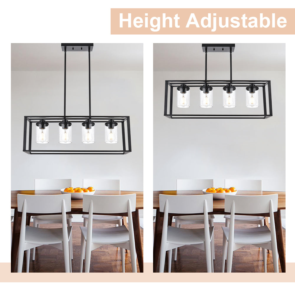 Dining Room Chandelier Lighting Fixtures with Seeded Glass, Linear Pendant Light in Matte Black Finish for Kitchen Island
