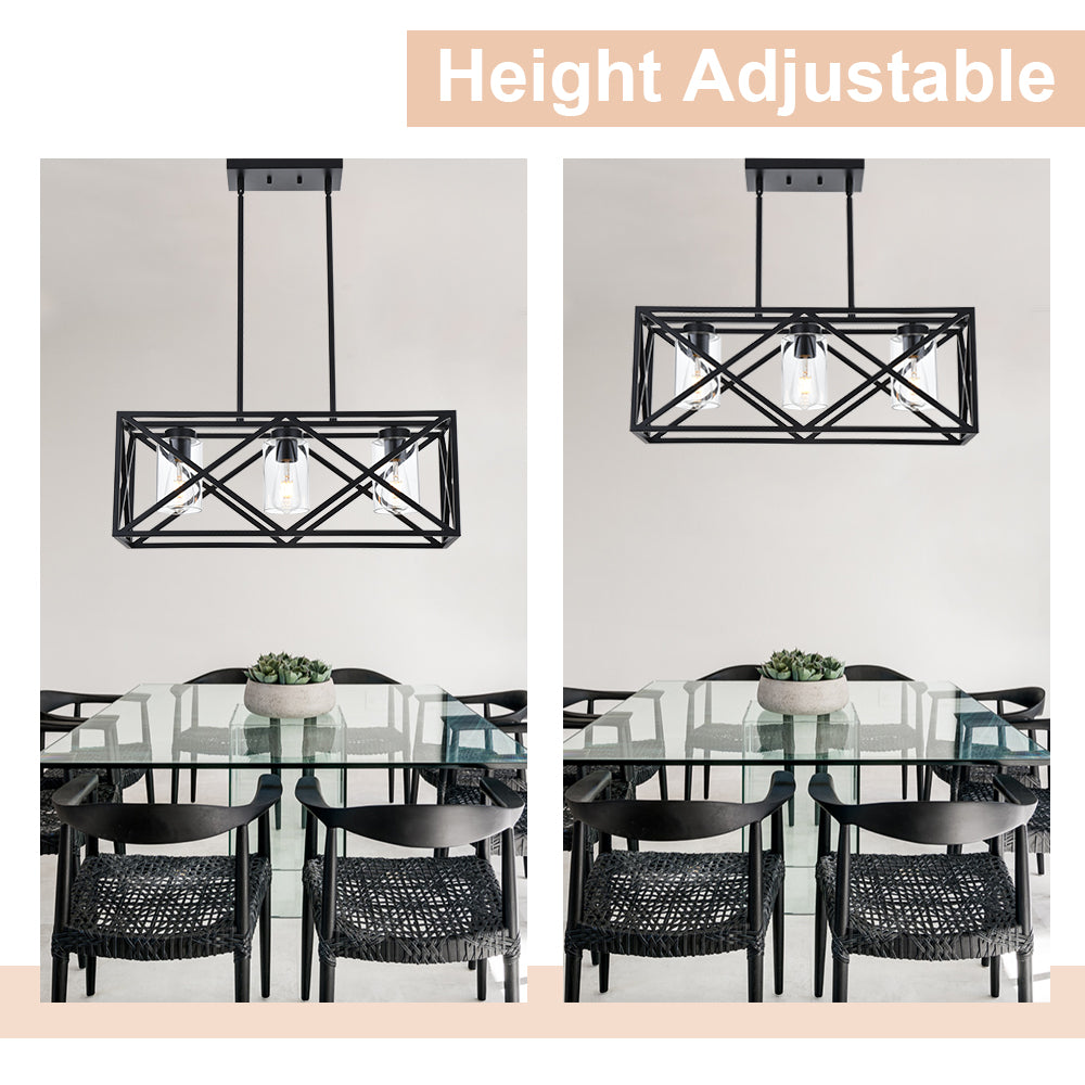3-Lights Black Kitchen Island Pendant Lighting, Contemporary Dining Room Chandelier with Clear Glass Shades for Overtable Living Room