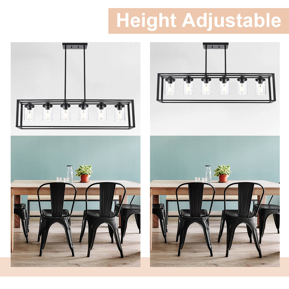 Dining Room Chandelier Lighting Fixtures with Seeded Glass, Linear Pendant Light in Matte Black Finish for Kitchen Island