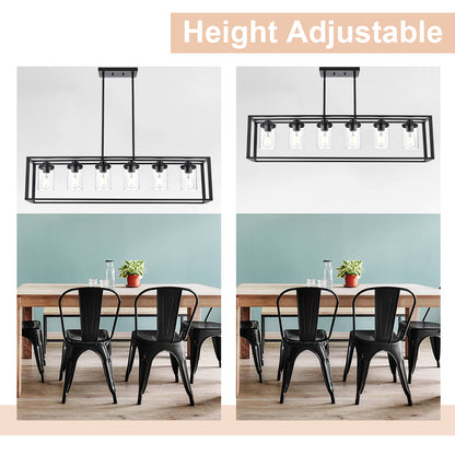 Dining Room Chandelier Lighting Fixtures with Seeded Glass, Linear Pendant Light in Matte Black Finish for Kitchen Island