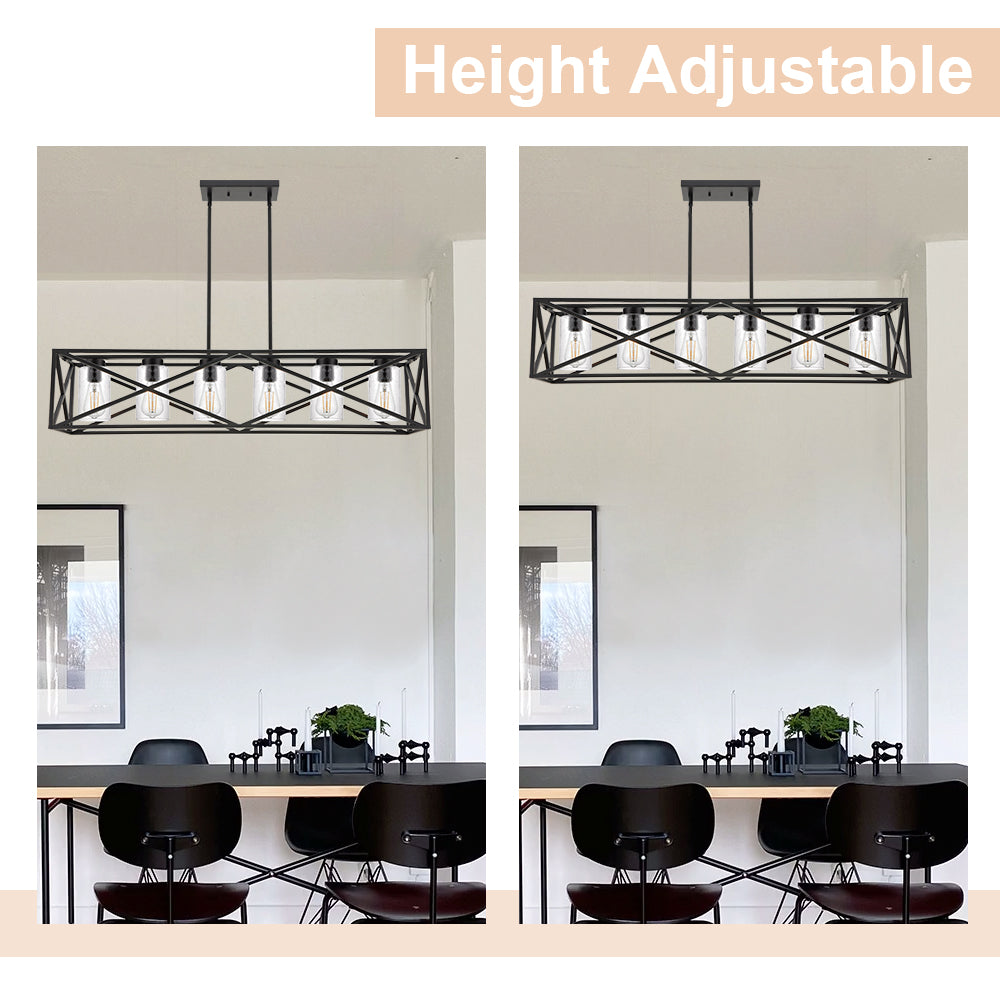 Black 6-Lights Dining Room Lighting Fixtures Hanging with Seeded Glass Lampshades, 45.3-Inches Length Industrial Kitchen Island Pendant Light Chandelier for Pool Table Living Room
