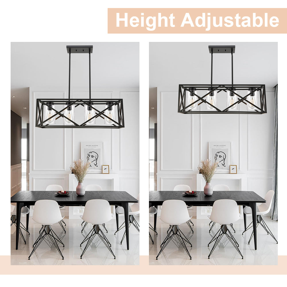 4-Lights Black Farmhouse Rectangle Chandelier Dining Room Light Fixtures, 30.4-Inches Length Contemporary Kitchen Island Pendant Lighting with Seeded Glass Lampshades