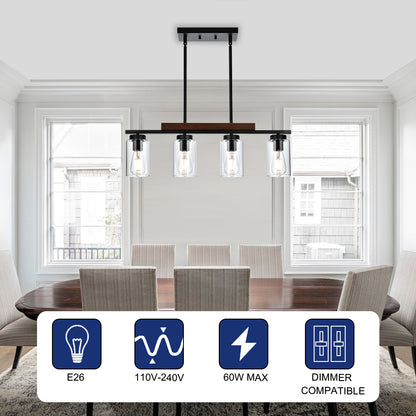4-Lights Farmhouse Pendant Lights Fixtures Ceiling Hanging, Modern Black Kitchen Island Lighting with Clear Glass Lampshades & Wood Frame