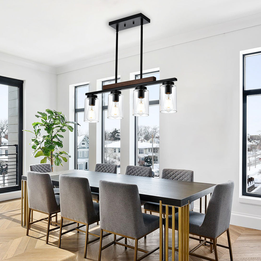 4-Lights Farmhouse Pendant Lights Fixtures Ceiling Hanging, Modern Black Kitchen Island Lighting with Clear Glass Lampshades & Wood Frame