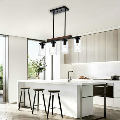 4-Lights Farmhouse Pendant Lights Fixtures Ceiling Hanging, Modern Black Kitchen Island Lighting with Clear Glass Lampshades & Wood Frame