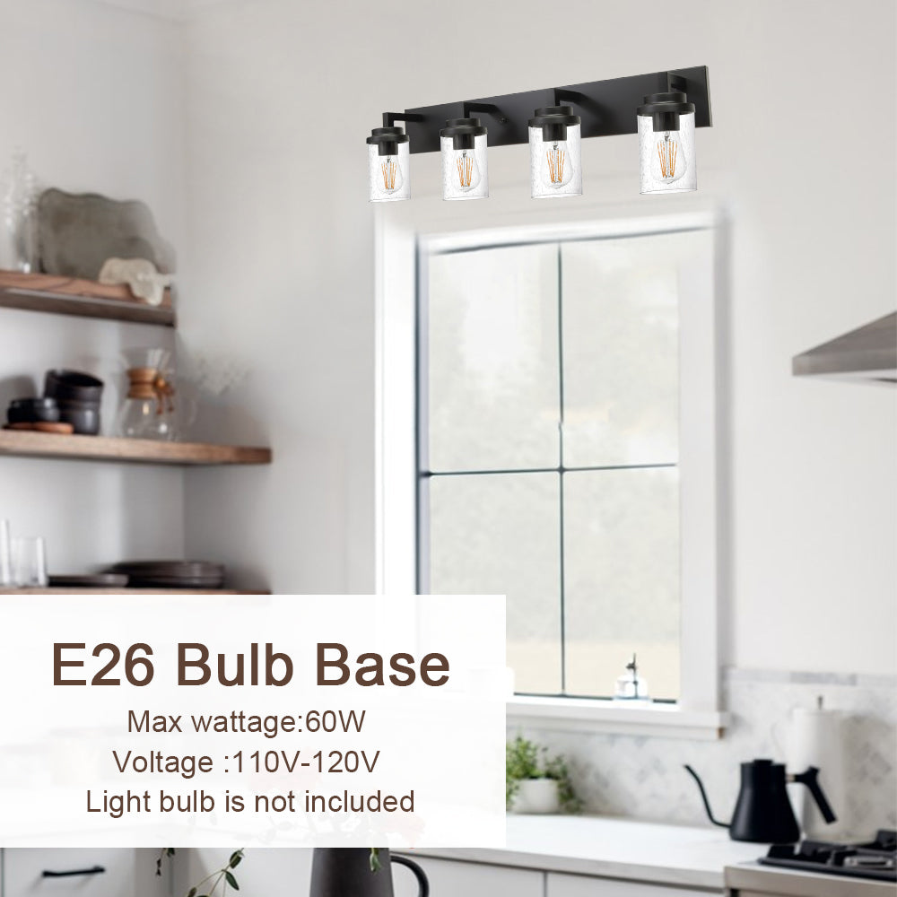 Bathroom Vanity Light, 4-Light Modern Wall Mount Light Fixture Black, Farmhouse Bath Lighting Over Mirror with Seeded Glass Shade for Powder Room Living Room Kitchen, 31.0 Inches Length