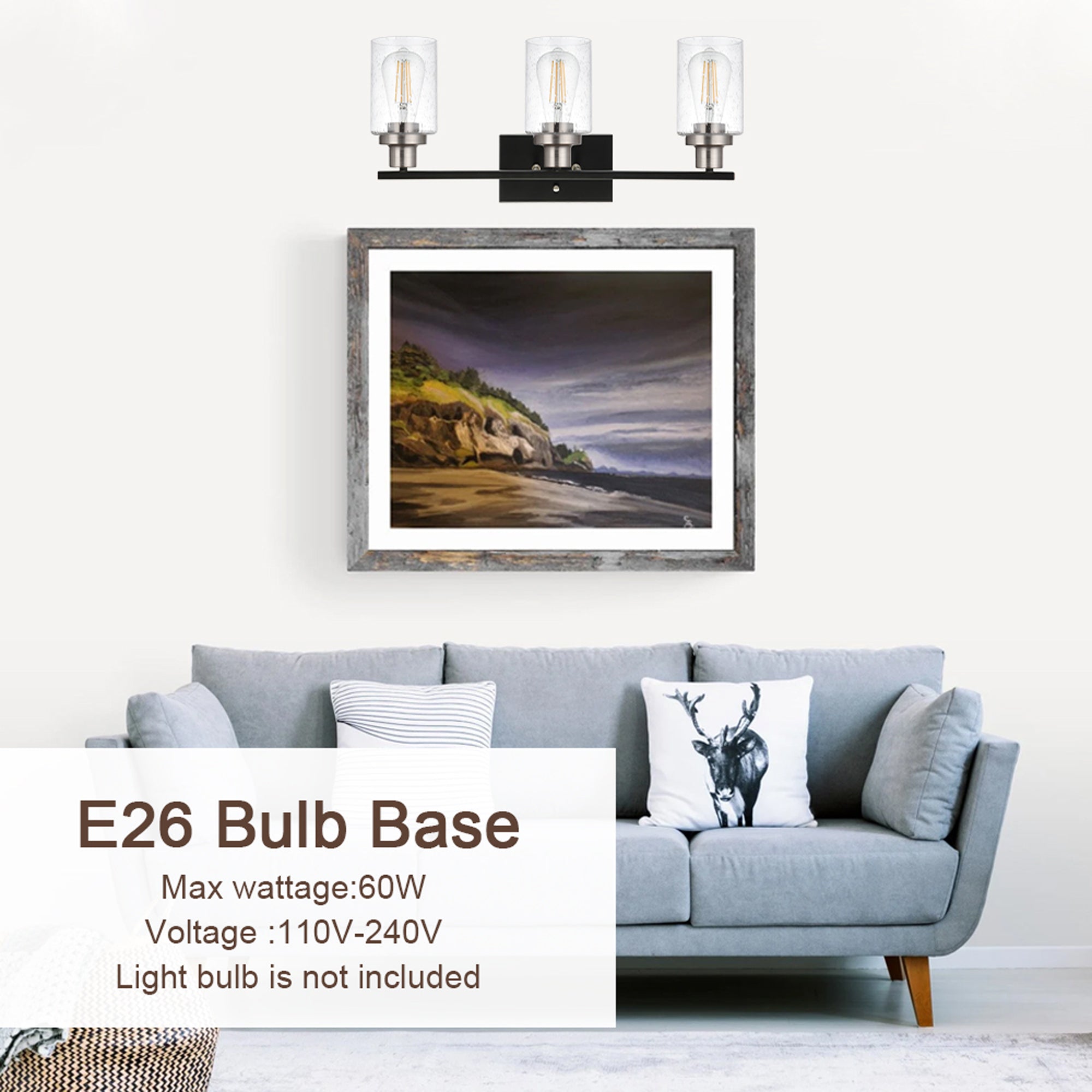 3 Lights Vanity Lights for Bathroom 23.6 Inches, Wall Mounted Light Fixture Farmhouse Bathroom Light Fixtures with Seeded Glass Shade, Black and Brushed Nickel Finish