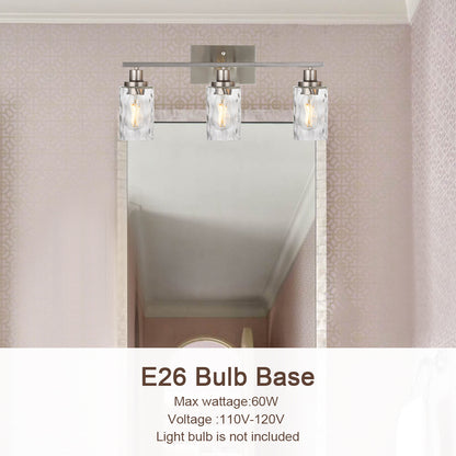 3-Light Bathroom Lights Modern Vanity Lights Brushed Nickel Finish with Hammered Glass Shade, Industrial Wall Light Fixture for Bedroom Living Room Kitchen
