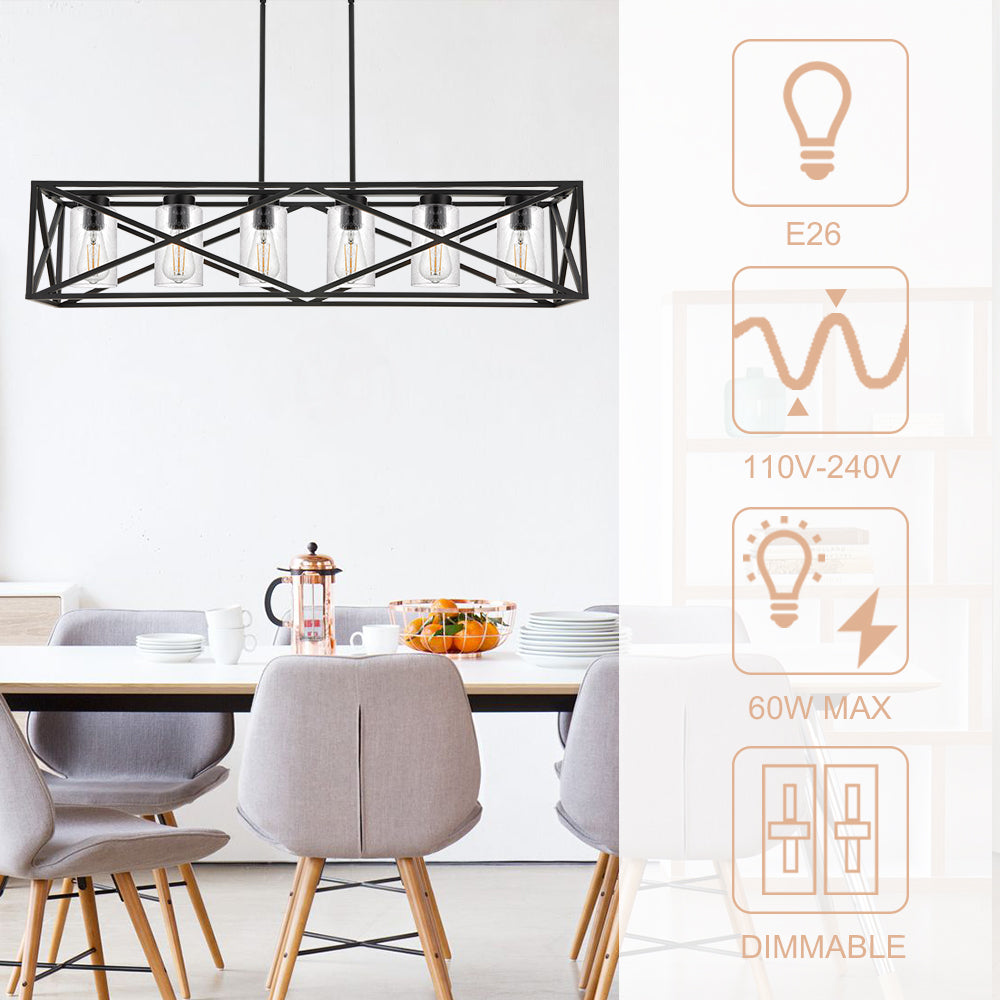 Black 6-Lights Dining Room Lighting Fixtures Hanging with Seeded Glass Lampshades, 45.3-Inches Length Industrial Kitchen Island Pendant Light Chandelier for Pool Table Living Room
