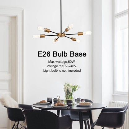 Modern Black Brass Sputnik Chandelier – 6-Light Adjustable Ceiling Fixture for Vaulted Ceilings E26 Bulb Base