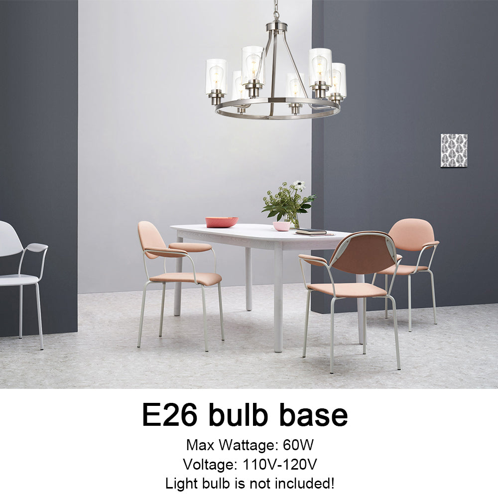 6 Lights Round Chandelier Brushed Nickel Island Lighting Dining Room Lighting Fixtures Hanging Glass Pendant Light for Kitchen Living Room Bedroom