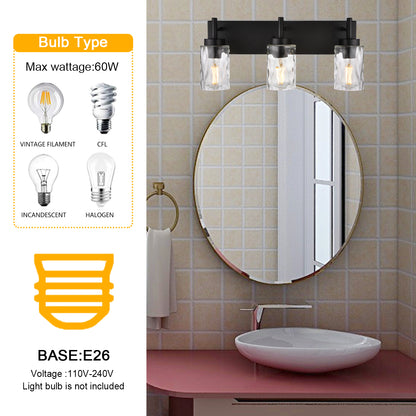 Vanity Light Fixtures 3 Light Modern Wall Sconces Lighting Black Bathroom Lights Wall Mounted with Hammered Glass Shade,Farmhouse Wall Light for Mirror Cabinets, Powder Room, Dressing Table