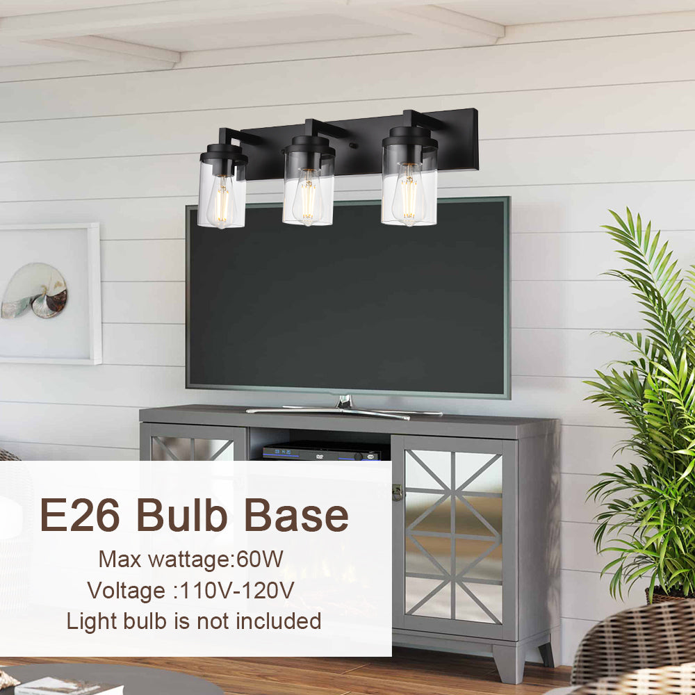 Vintage Bathroom Lighting Fixtures Over Mirror, 3-Light Modern Vanity Lights Black Finish Industrial Wall Sconce with Clear Glass Shade