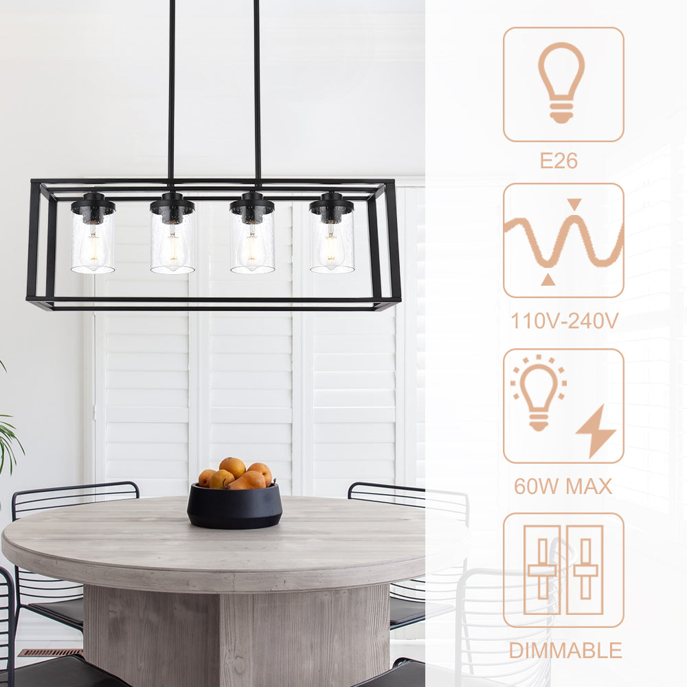 Dining Room Chandelier Lighting Fixtures with Seeded Glass, Linear Pendant Light in Matte Black Finish for Kitchen Island