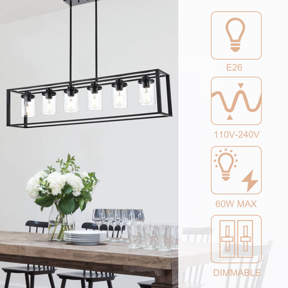 Dining Room Chandelier Lighting Fixtures with Seeded Glass, Linear Pendant Light in Matte Black Finish for Kitchen Island