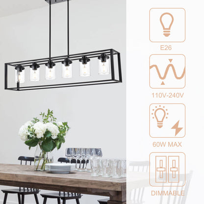 Dining Room Chandelier Lighting Fixtures with Seeded Glass, Linear Pendant Light in Matte Black Finish for Kitchen Island