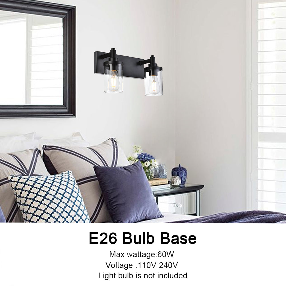 2 Light Bathroom Light Fixtures,Vintage Wall Vanity Light Metal Wall Mount Lamp with Clear Glass in Black Finish Wall Sconces Lighting for Powder Room, Hallway, Kitchen, Mirror, Laundry Room