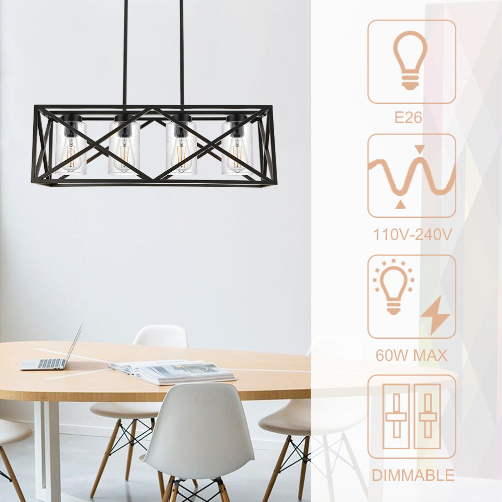 4-Lights Black Farmhouse Rectangle Chandelier Dining Room Light Fixtures, 30.4-Inches Length Contemporary Kitchen Island Pendant Lighting with Seeded Glass Lampshades