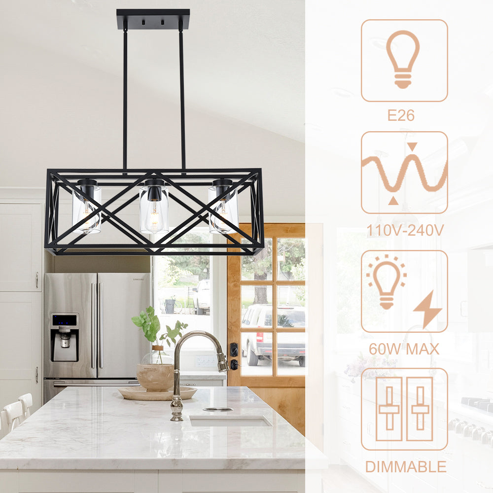 3-Lights Black Kitchen Island Pendant Lighting, Contemporary Dining Room Chandelier with Clear Glass Shades for Overtable Living Room