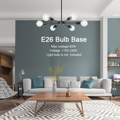 Modern Sputnik Chandelier – 6-Light Adjustable Ceiling Fixture for Vaulted Ceilings E26 Bulb Base