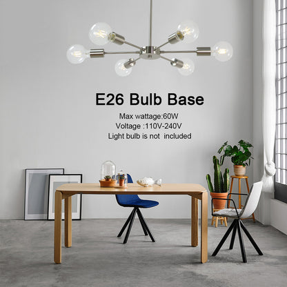Modern Brushed Nickel Sputnik Chandelier – 6-Light Adjustable Ceiling Fixture for Vaulted Ceilings E26 Bulb Base