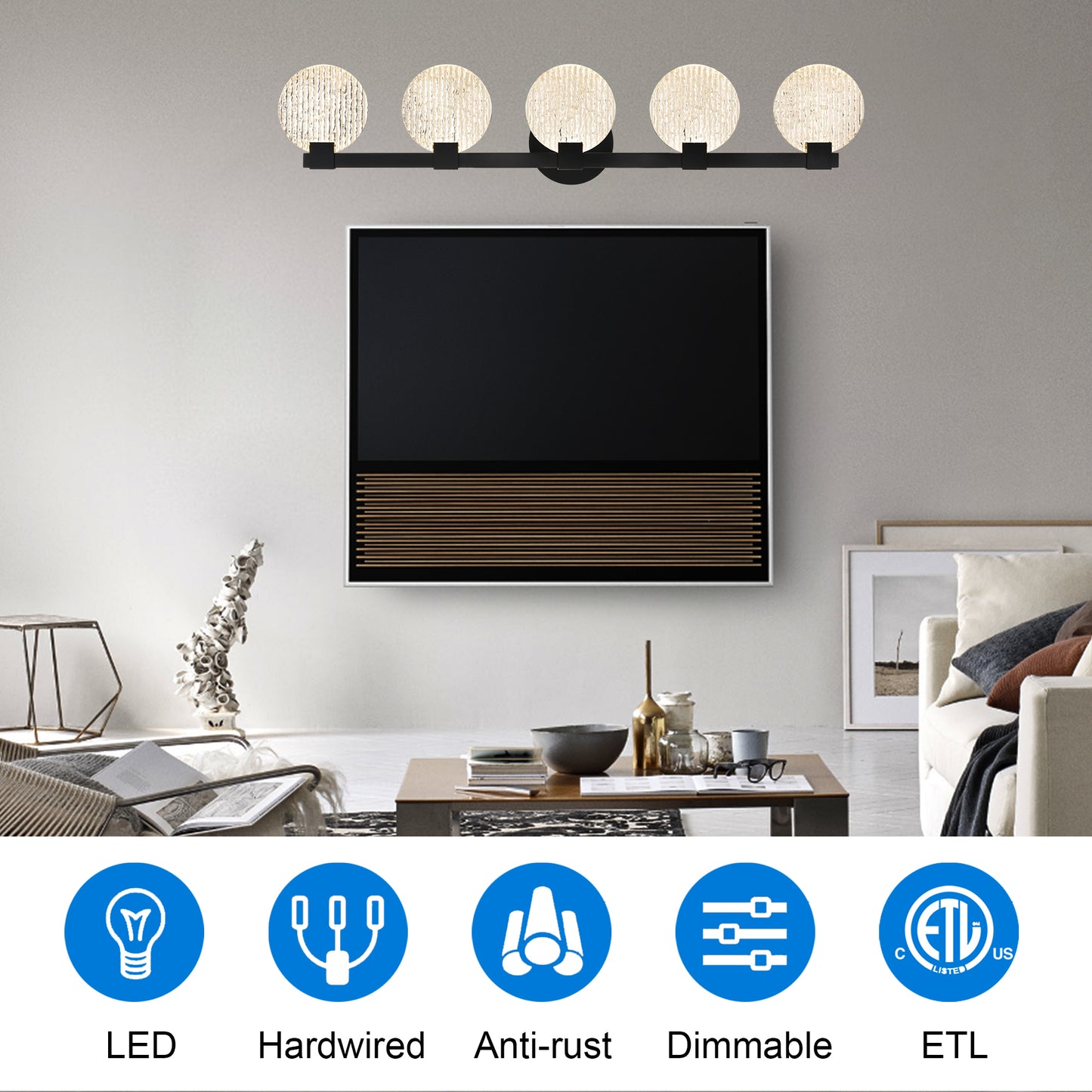 Integrated LED 5-lights Vanity Lights – Rustproof Stainless Steel & Shatterproof Acrylic Lampshade – Bathroom Mirror Lighting