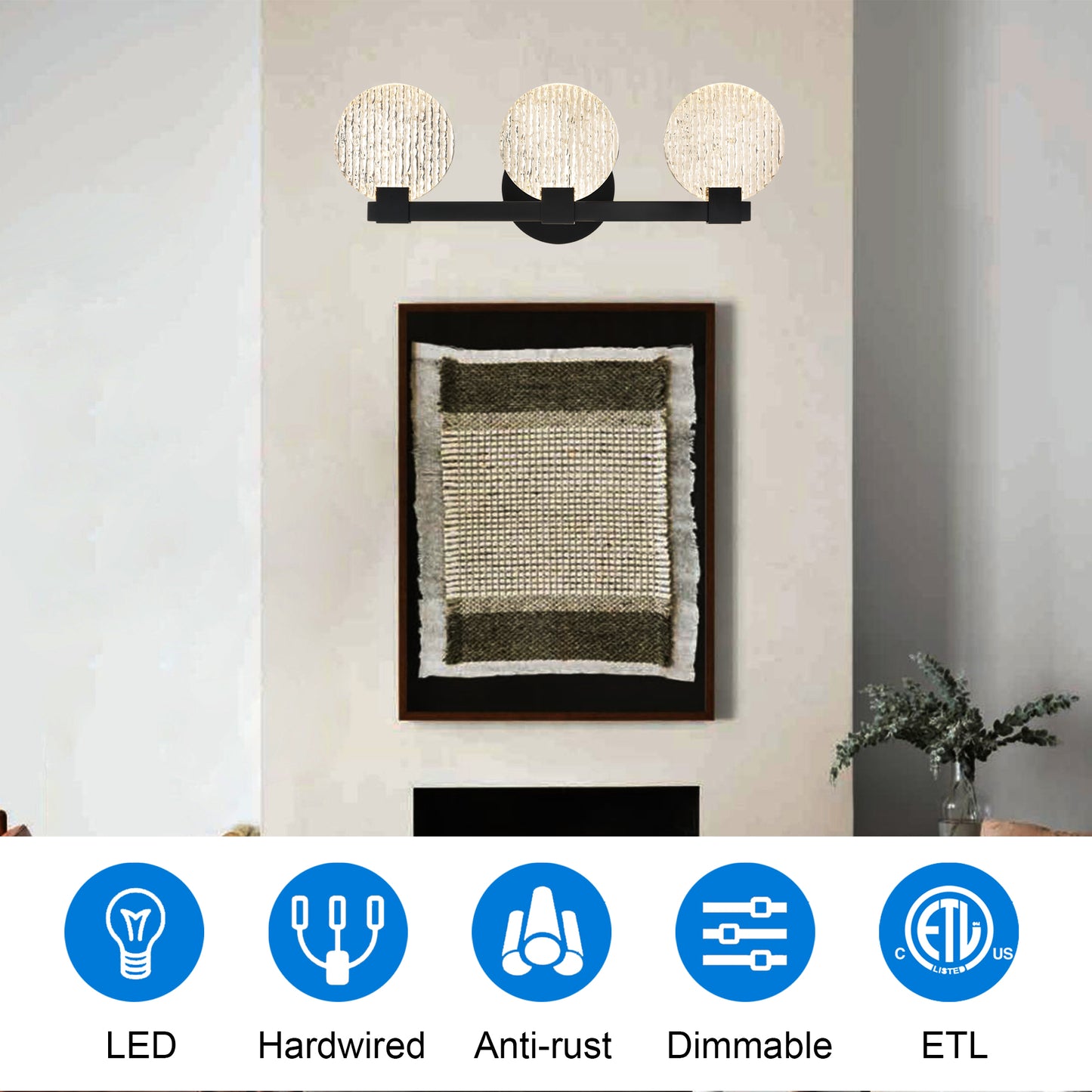 Integrated LED 3-lights Vanity Lights – Rustproof Stainless Steel & Shatterproof Acrylic Lampshade – Bathroom Mirror Lighting