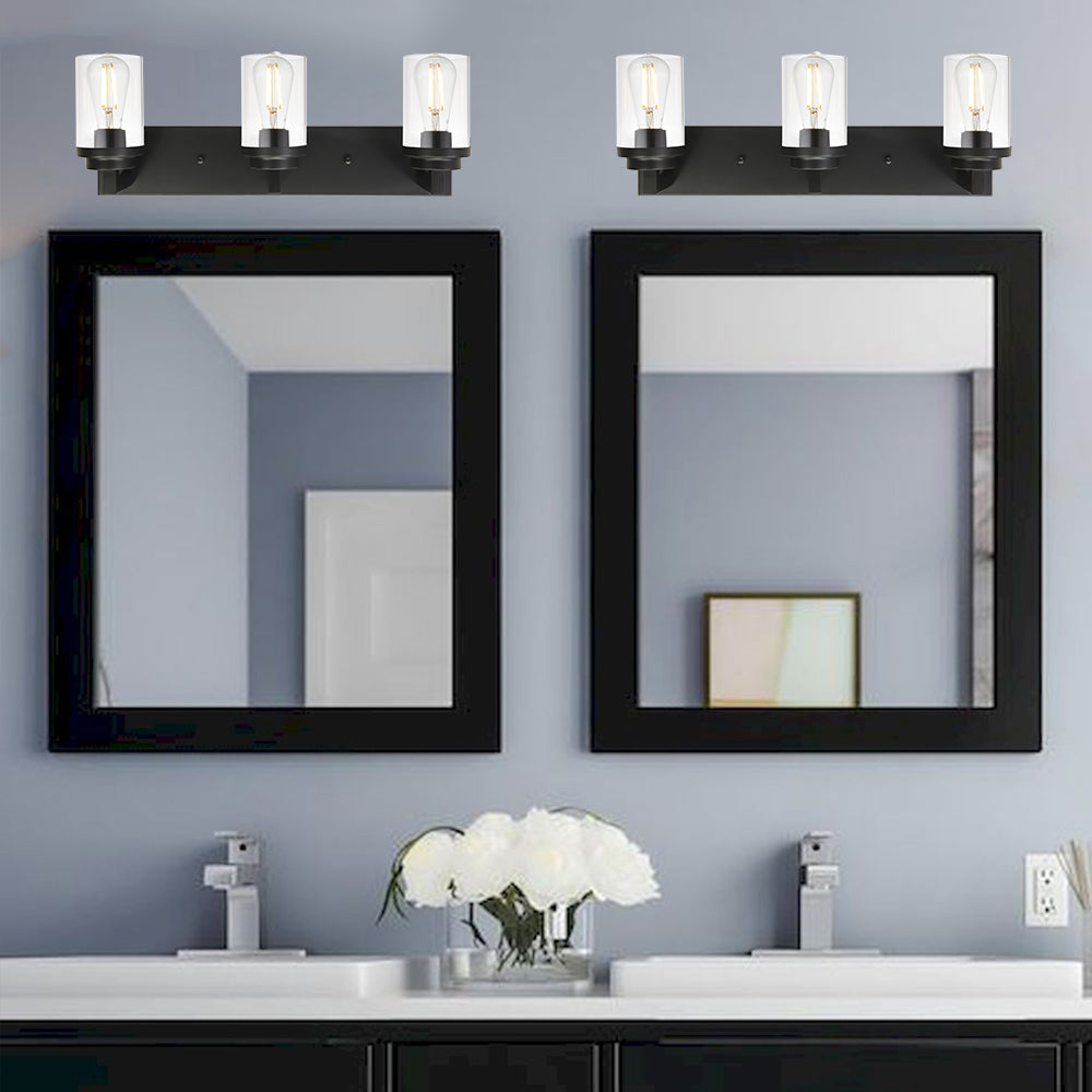 Vintage Bathroom Lighting Fixtures Over Mirror, 3-Light Modern Vanity Lights Black Finish Industrial Wall Sconce with Clear Glass Shade