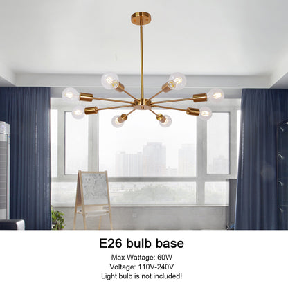 Mid-Century Sputnik Chandelier – Brass Durable Metal Finish for Sloped Ceilings 8 Adjustable Lights